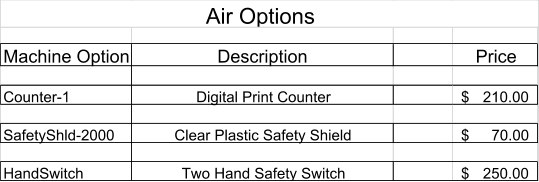 Machine Option Description Price Counter-1 Digital Print Counter 210.00 $      SafetyShld-2000 Clear Plastic Safety Shield 70.00 $        HandSwitch Two Hand Safety Switch 250.00 $            Air Options
